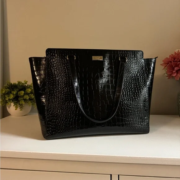Kate Spade Elissa Bristol Large Black Croc Tote Bag - Like New with No Flaws! ♠️ - Picture 4 of 12